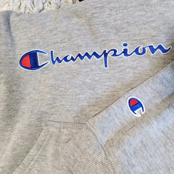 Champion Logo Grey Hoodie Jacket Kids 5 - Picture 8 of 8